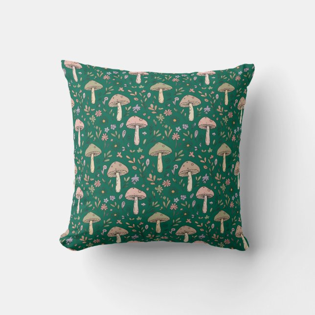 Coussin Motif sans couture de champignons Deep Emerald Ton (Recto)