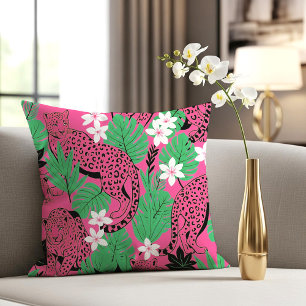 Coussin Motif sans couture de léopard rose vif tropical et