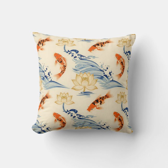 Coussin Motif sans couture de poisson Koï et de lotus (Recto)