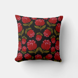 Coussin Motif sans couture de roses rouges sur fond noir