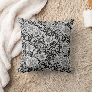 Coussin Motif sans couture floral vintage noir et blanc (6