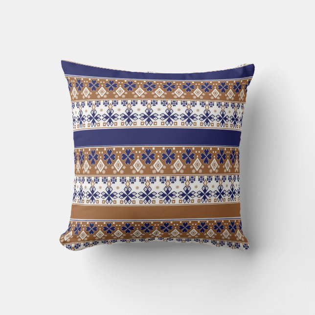 Coussin Motif scandinave rayé brun bleu (Recto)