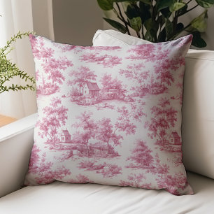 Coussin Motif Scènes Rustiques Toile de Jouy Rose Vintage