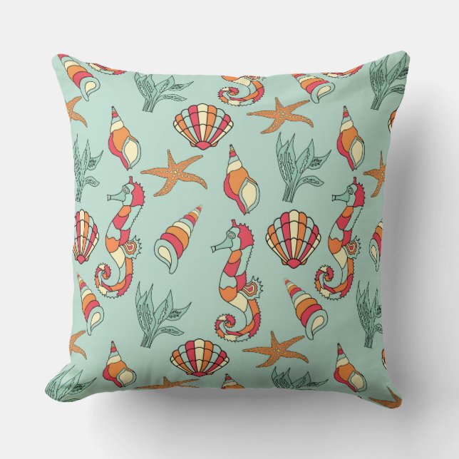 Coussin Motif Seahorse et Seashell Turquoise (Recto)