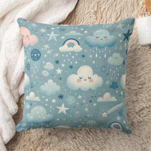 Coussin Motif Sky Whimsical avec nuages, étoiles - Bleu