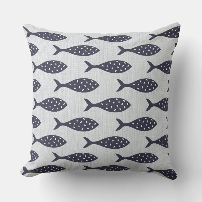 Coussin Motif Texturé Poisson Été Bleu Blanc (Recto)