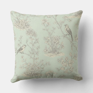 Coussin Motif Toile Botanique d'Oiseau Sage Élégant