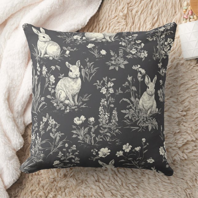 Coussin Motif Toile Botanique Lapin Noir Rustique (Couverture)