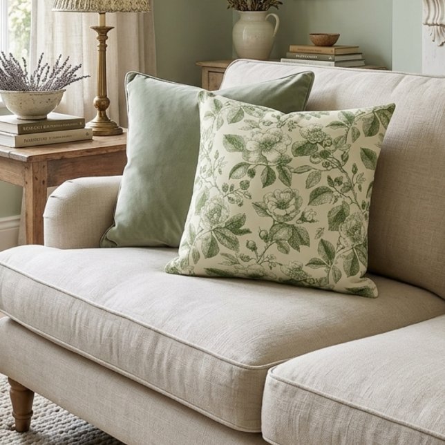 Coussin Motif Toile Botanique Vintage Vert (Créateur téléchargé)