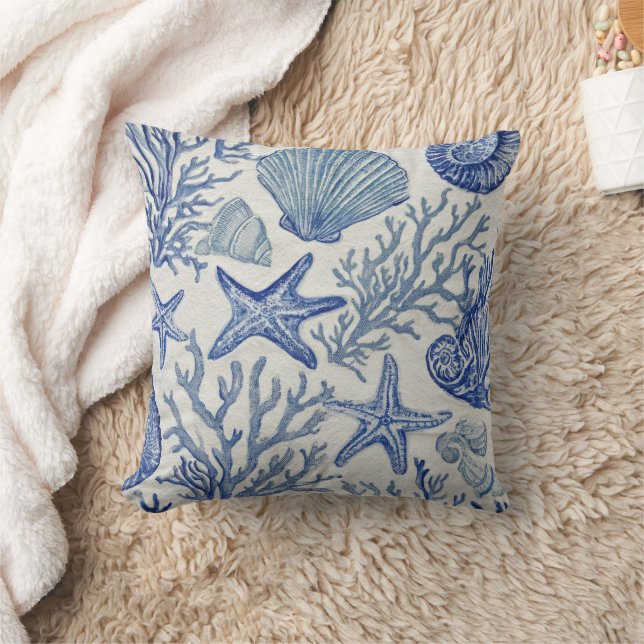 Coussin Motif Toile Côtière Bleue Coquillage Corail (Couverture)
