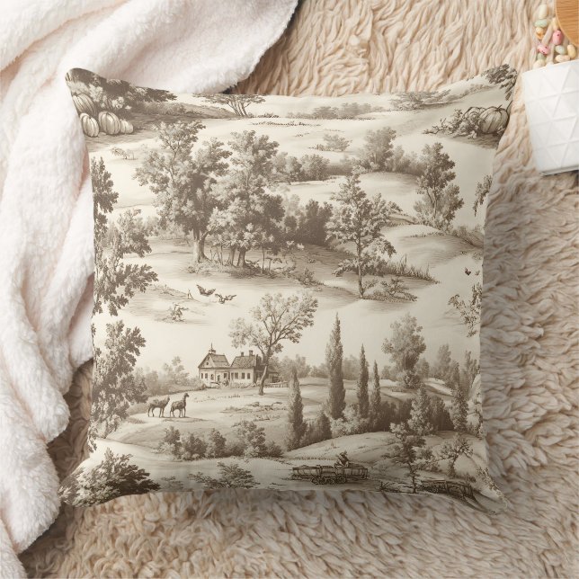 Coussin Motif Toile de Jouy Sépia Cottagecore de la récolt (Couverture)