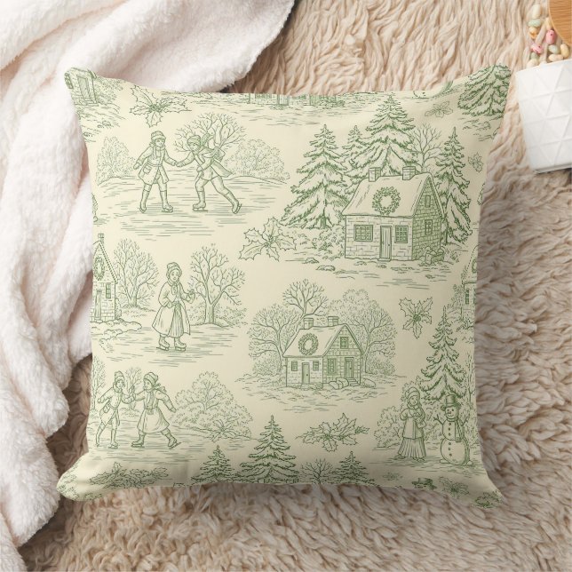 Coussin Motif Toile de Village d'Hiver Vert Doux (Couverture)