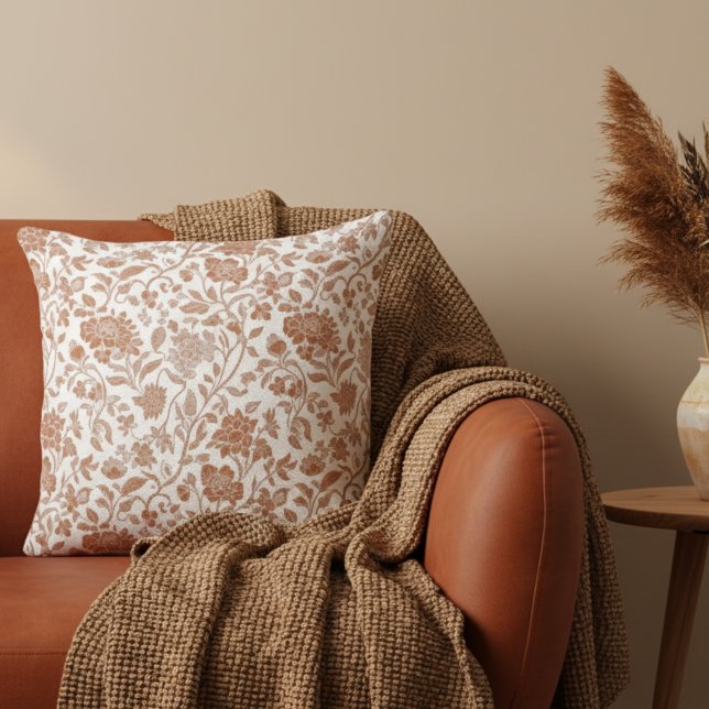 Coussin Motif Toile en Terracotta Florale ( Add a touch of rustic charm to your home with this Floral Terracotta Toile Pattern Throw Pillow! )