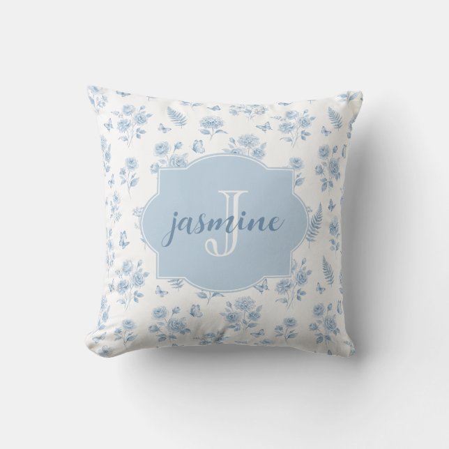 Coussin Motif toile français monogramme nom aquarelle bleu (Recto)