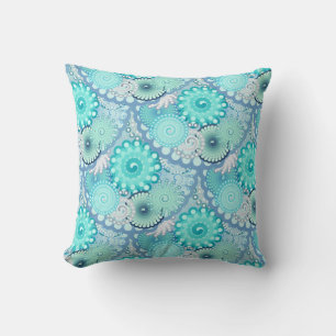 Coussin Motif tourbillon fractal, turquoise, vert, bleu