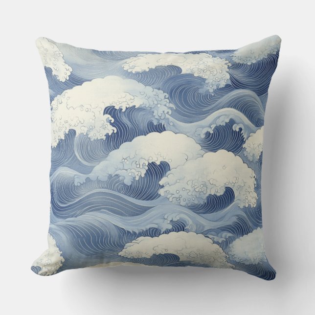Coussin 🌊 Motif Traditionnel Japonais de Vagues Bleues 🌊 (Recto)