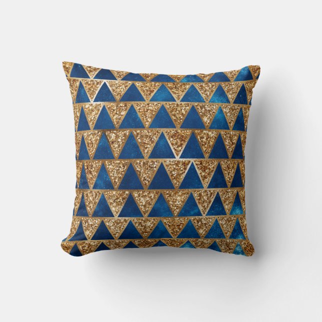 Coussin Motif Triangle Pailleté Bleu Nuit et Or Élégant (Recto)