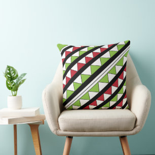 Coussin Motif Triangles Rouges Verts Bandes Diagonales Noi