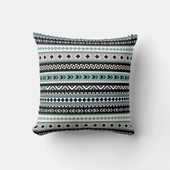 Coussin Motif tribal aztèque dans l'Aqua et le noir (Recto)