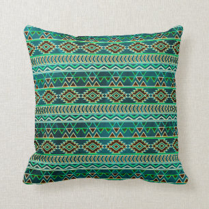 Coussin Motif tribal aztèque vert turquoise