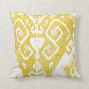 Coussin Motif tribal chic d'ikat jaune et gris de damassé