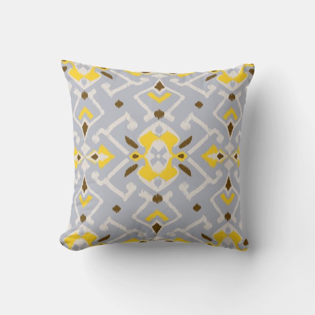 Coussin Motif tribal chic géométrique gris jaune ikat (Recto)