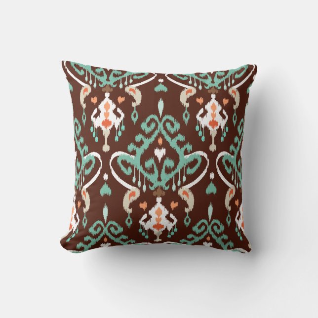Coussin Motif tribal chic moderne turquoise brun ikat (Recto)