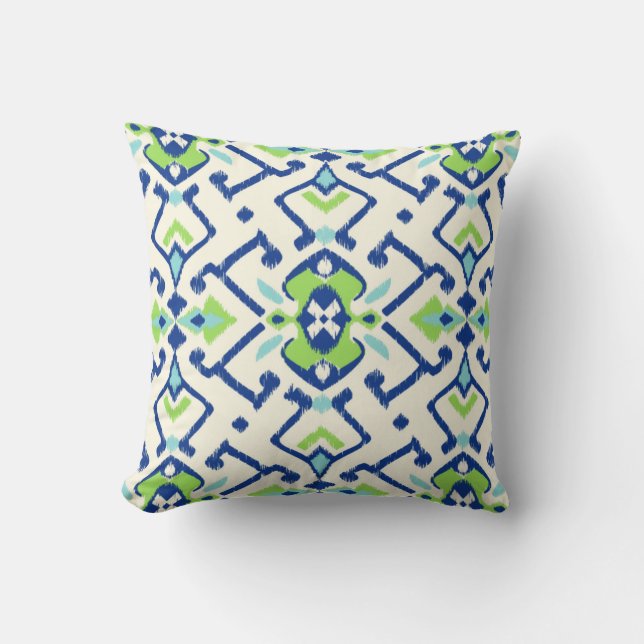Coussin Motif tribal de ikat bleu vert géométrique chic (Recto)