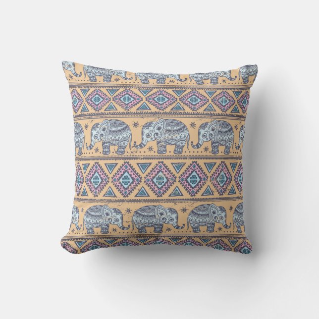 Coussin Motif tribal d'éléphant ethnique bleu (Recto)