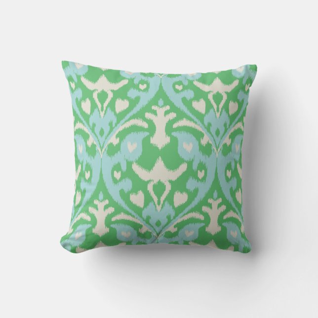 Coussin Motif tribal d'ikat vert-bleu audacieux moderne (Recto)