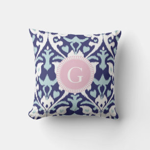 Coussin Motif tribal ikat fille moderne bleu avec monogram