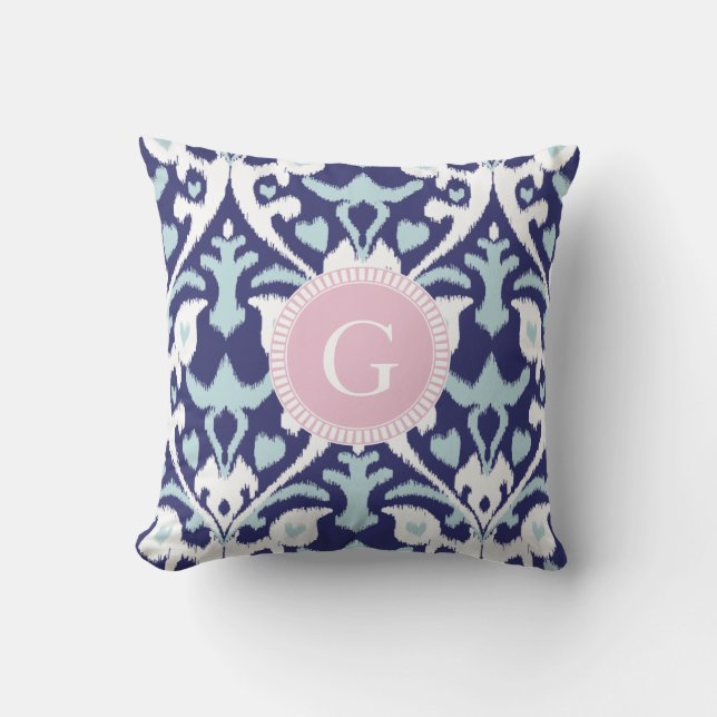 Coussin Motif tribal ikat fille moderne bleu avec monogram (Recto)