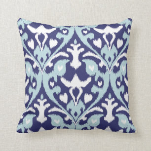 Coussin Motif tribal moderne d'ikat girly bleu et blanc