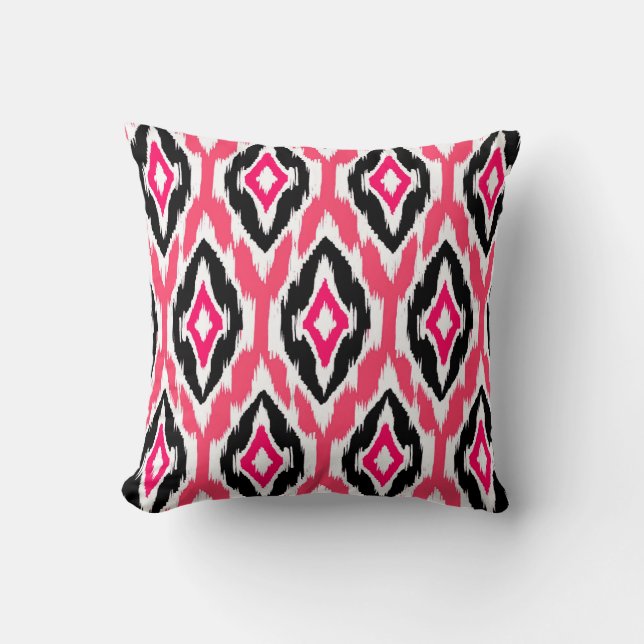 Coussin Motif tribal noir fuchsia rose moderne 1a d'Ikat (Recto)