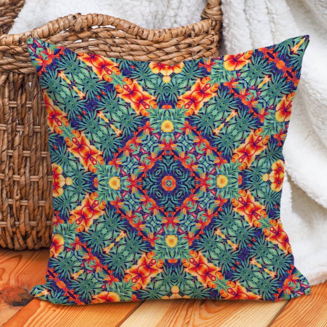 Coussin Motif tropical abstrait vert orange jaune bleu (Créateur téléchargé)