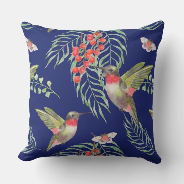 Coussin Motif Tropical Bleu de colibris et de papillons (Recto)
