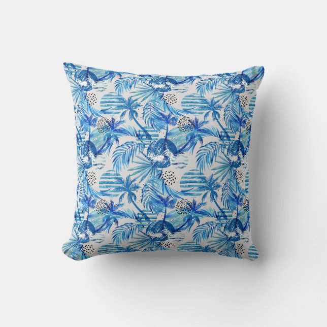 Coussin Motif tropical bleu lumineux d'aquarelle (Recto)