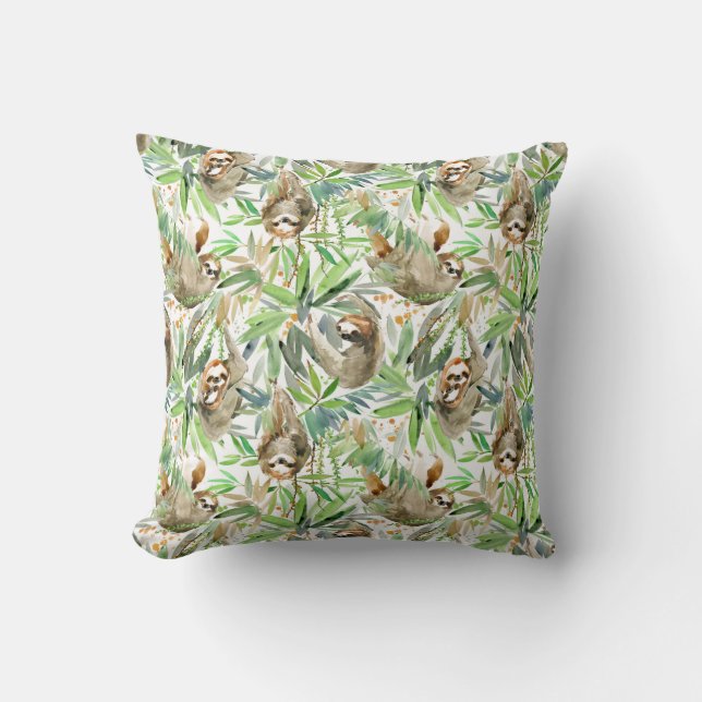 Coussin Motif tropical de paresse d'aquarelle (Recto)