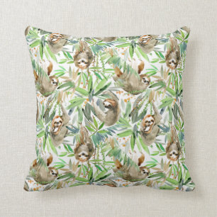 Coussin Motif tropical de paresse d'aquarelle