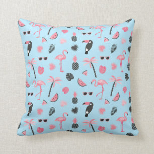 Coussin Motif tropical d'été rose et bleu