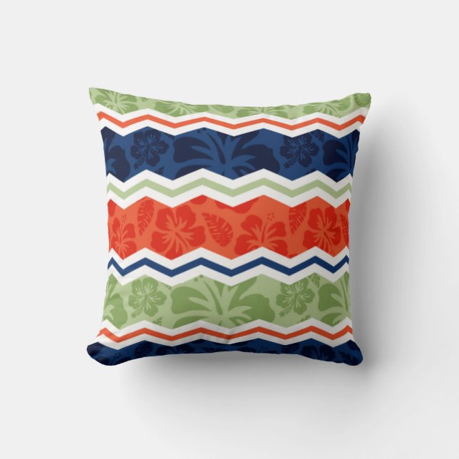 Coussin Motif tropical orange, bleu et vert Sage (Recto)