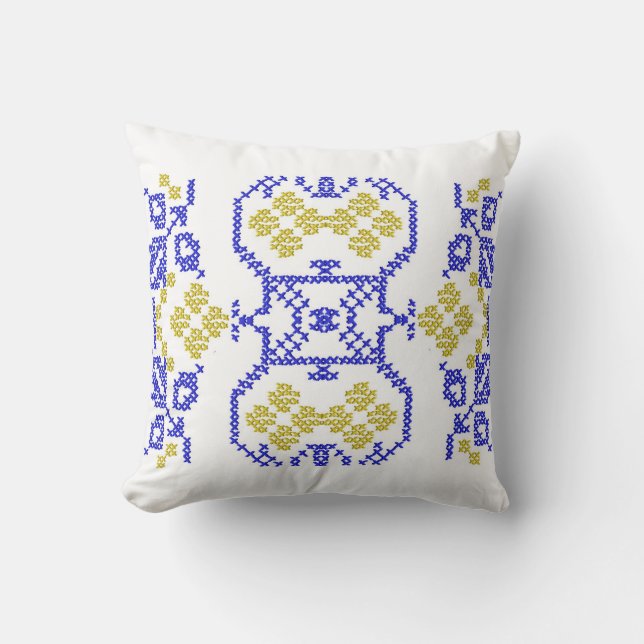 Coussin Motif ukrainien. Broderie folklorique jaune bleu T (Recto)