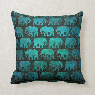 Coussin Motif usé de silhouettes d'éléphant, bleu