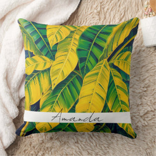 Coussin Motif vibrant à feuilles de bananier vert et jaune