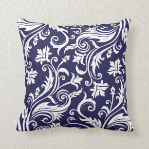 Coussin Motif vintage blanc de damassé de bleu marine