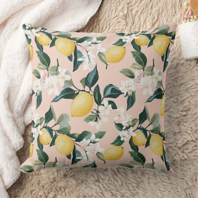 Coussin Motif vintage citron et fleur sur rose (Couverture)