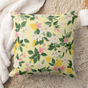 Coussin Motif vintage citron et fleurs sur jaune