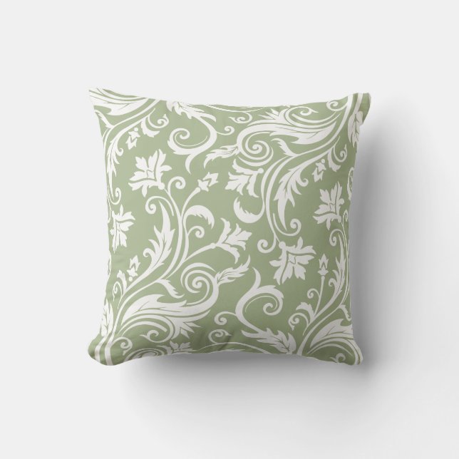 Coussin Motif vintage de damassé de vert sauge (Recto)
