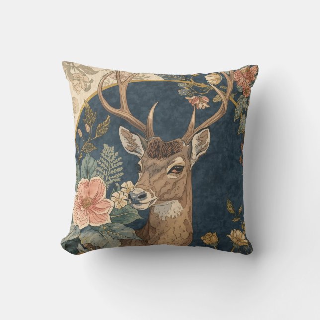 Coussin Motif vintage de rennes et fleurs (Recto)