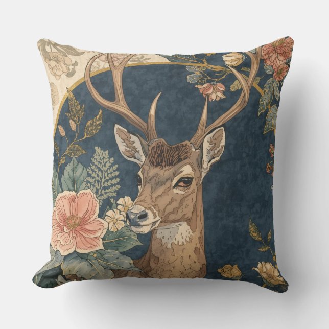 Coussin Motif vintage de rennes et fleurs (Recto)